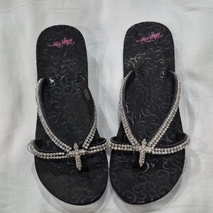 Women's Blazin' Roxx Black Rhinestone Cross Sandals Size 11 Coquette Whimsigoth
